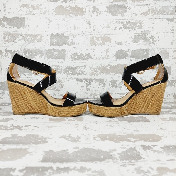 NY&C Black Faux Leather Wedge Heel Platform Sandals M819 - Picture 7 of 13